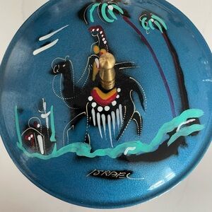 Hand Painted Pedestal Lidded Bowl Signed Art Glass with Brass Final- Folk Art